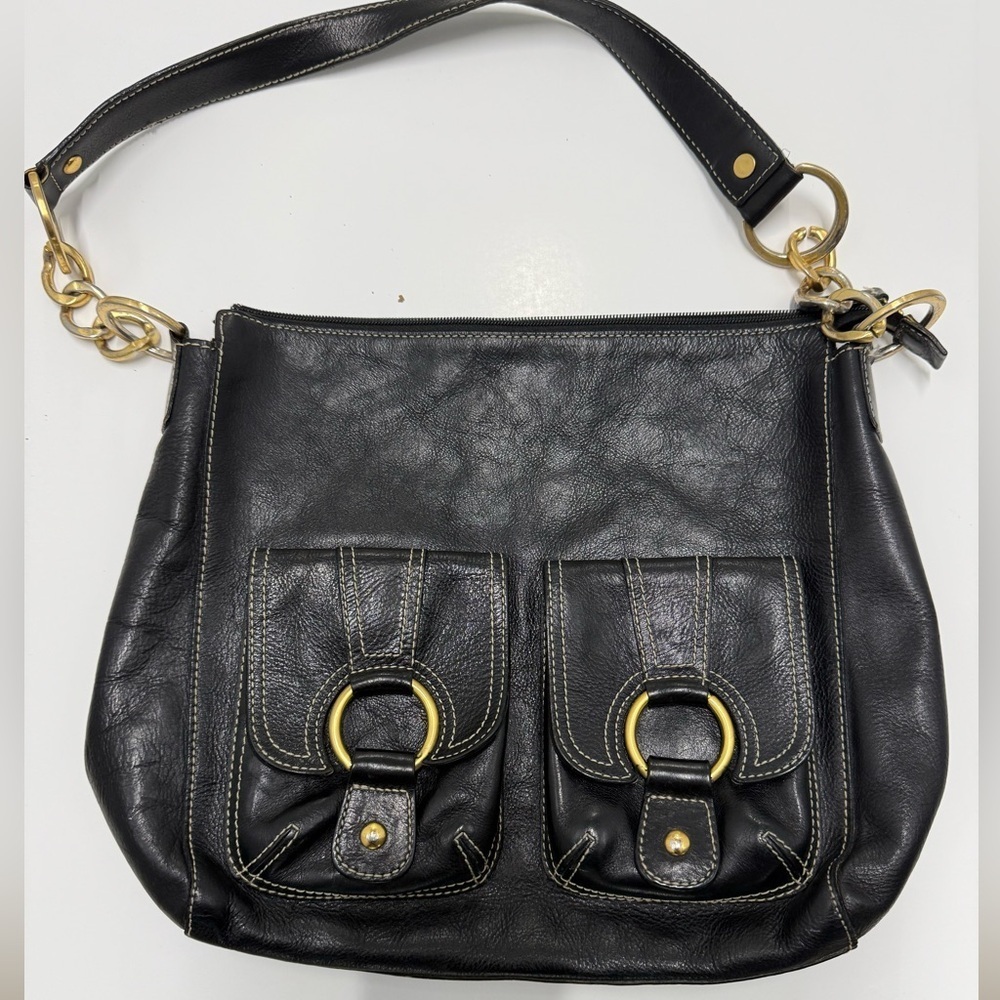 Kate Landry Black Leather Shoulder Bag with Dual Front Pockets & Gold Hardware